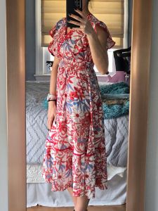 Summer Wedding Guest Dresses for Women Ruffle Sleeve Boho Midi Dress Smocked Flowy Floral Dress with Pocket