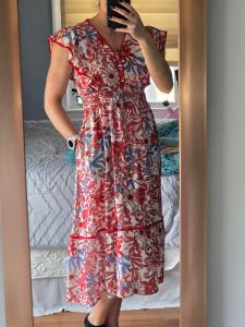 Summer Wedding Guest Dresses for Women Ruffle Sleeve Boho Midi Dress Smocked Flowy Floral Dress with Pocket