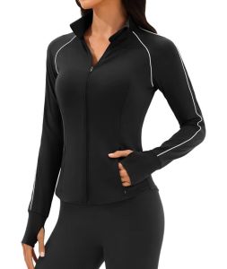 Workout Jackets for Women, Zip Up Athletic Jacket Slim Fit Running Tops with Pocket & Thumb Holes