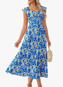 2026 Summer Boho Maxi Dresses for Women Ruffle Sleeve Floral Dress Flowy A-line Wedding Guest Dress with Pocket