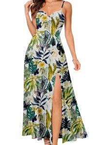 Women's Summer Floral Maxi Dress Spaghetti Strap V Neck Twist Front Slit Flowy A Line Sundress Casual Vacation Dresses
