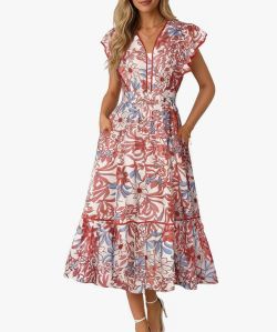Summer Wedding Guest Dresses for Women Ruffle Sleeve Boho Midi Dress Smocked Flowy Floral Dress with Pocket