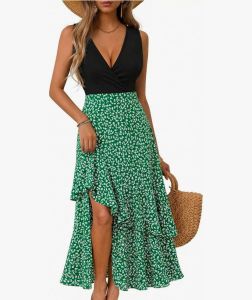 Womens Casual Summer Sleeveless V Neck Patchwork Boho Floral Ruffle Midi Dress