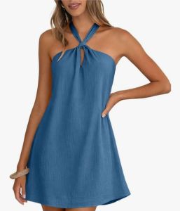 Halter Neck Mini Dress Sleeveless Boho Flowy A-Line Beach Vacation Sundress