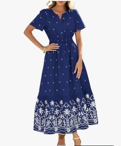 Womens Summer Dresses 2026 Casual Short Sleeve Elastic Waist Flowy Beach Vacation Floral Boho Maxi Dress Pockets