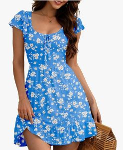 Summer Square Neck Floral Sundress Flutter Sleeve A-Line Mini Casual Vacation Beach Dress with Pockets